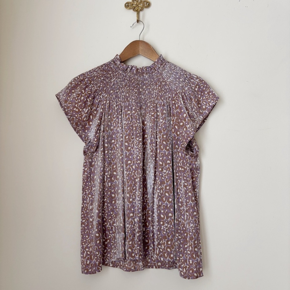 Moodie Iridescent Animal Print Smocked Blouse Medium